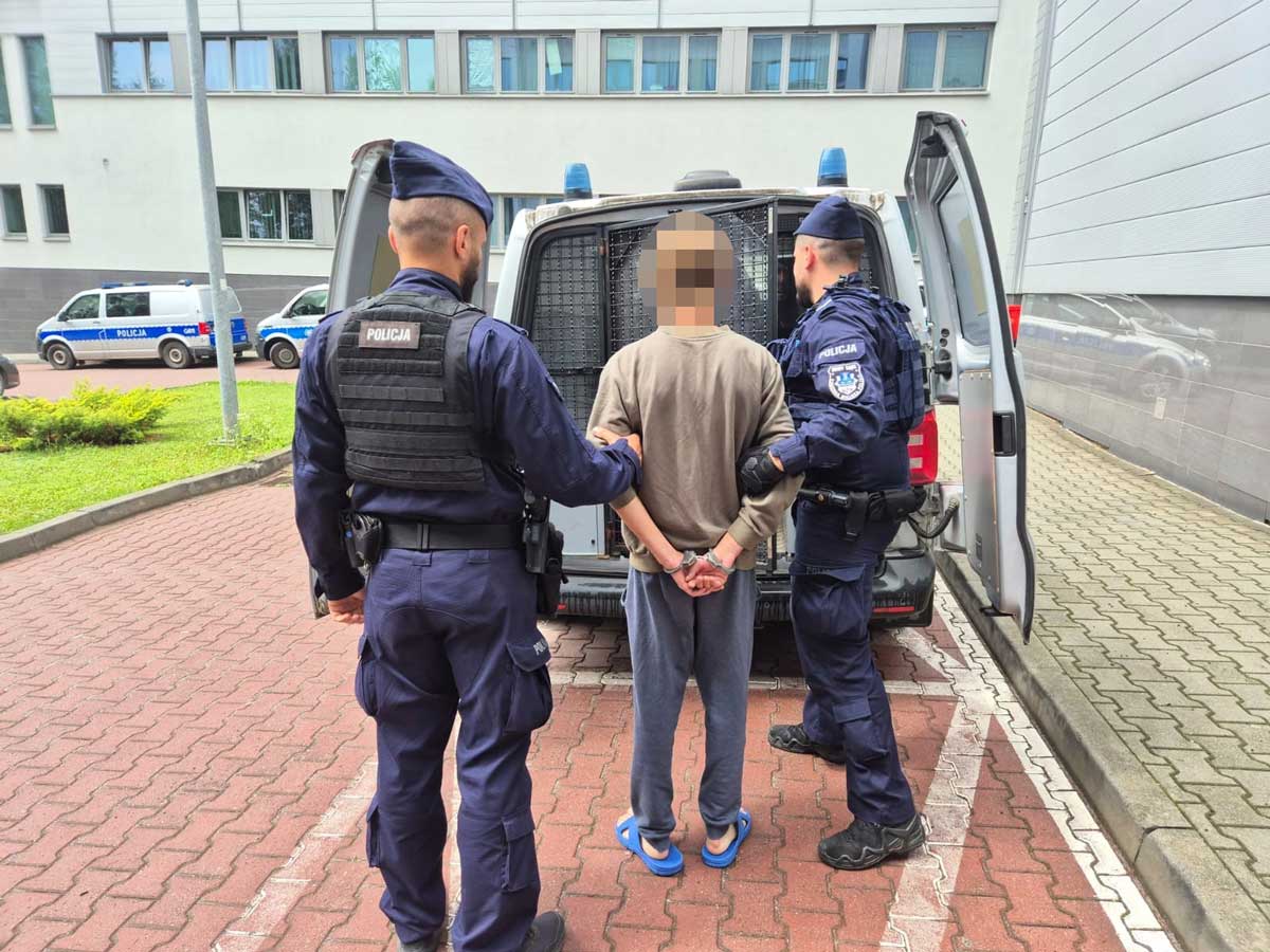 przestępstwa na Sądecczyźnie 2024 - policjanci wprowadzają podejrzanego do radiowozu