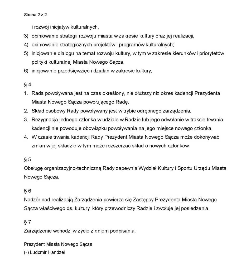 Rada Artystyczna przy prezydencie Nowego Sącza - zarządzenie o powołaniu - druga strona
