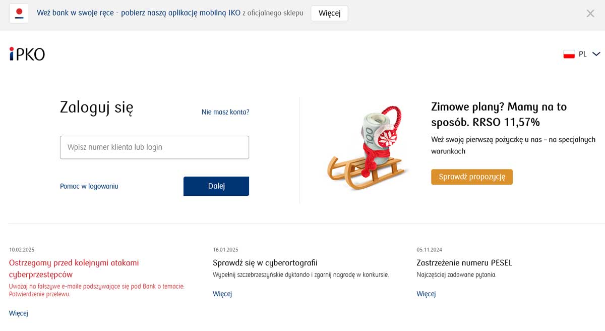 Plaga nieautoryzowanych transakcji płatniczych. Strona logowania banku PKO