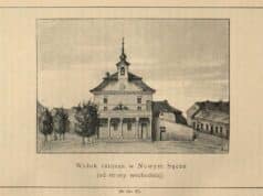 Dawny ratusz w Nowym Sączu. Ilustracja z książki ks. Jana Sygańskiego „Nowy Sącz, jego dzieje i pamiątki dziejowe : szkic historyczny na pamiątkę sześćsetnej rocznicy założenia tegoż miasta” z 1892 roku