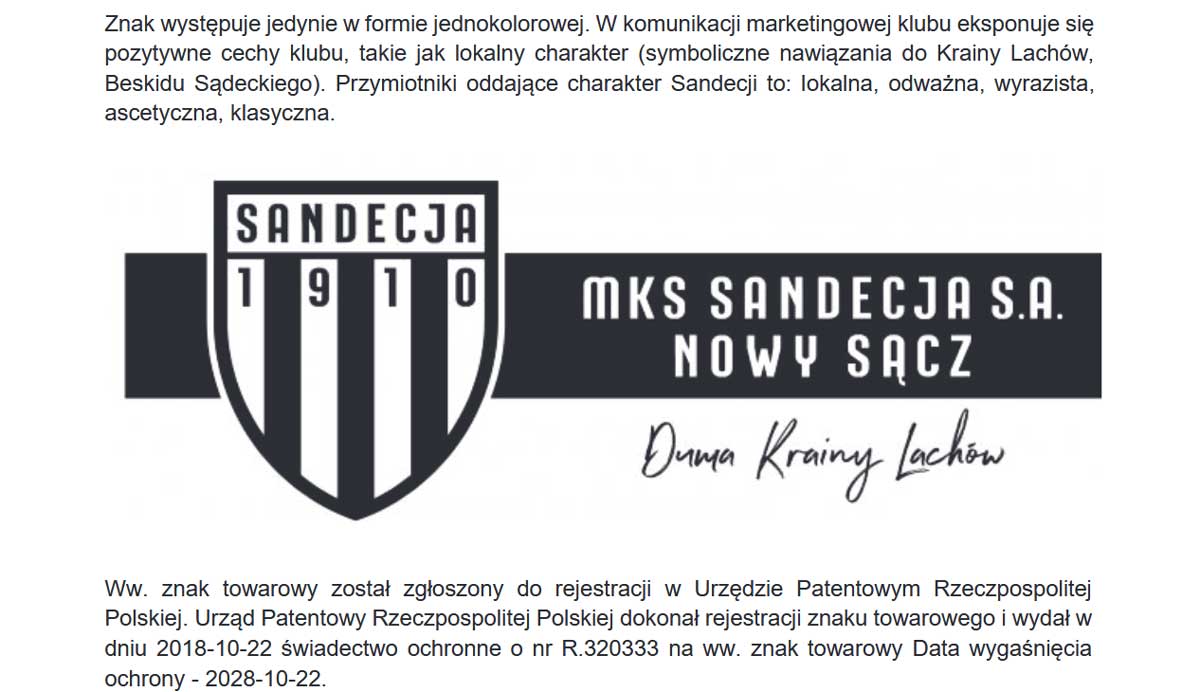 znak towarowy Sandecja - sprzedaż MKS Sandecja Nowy Sącz