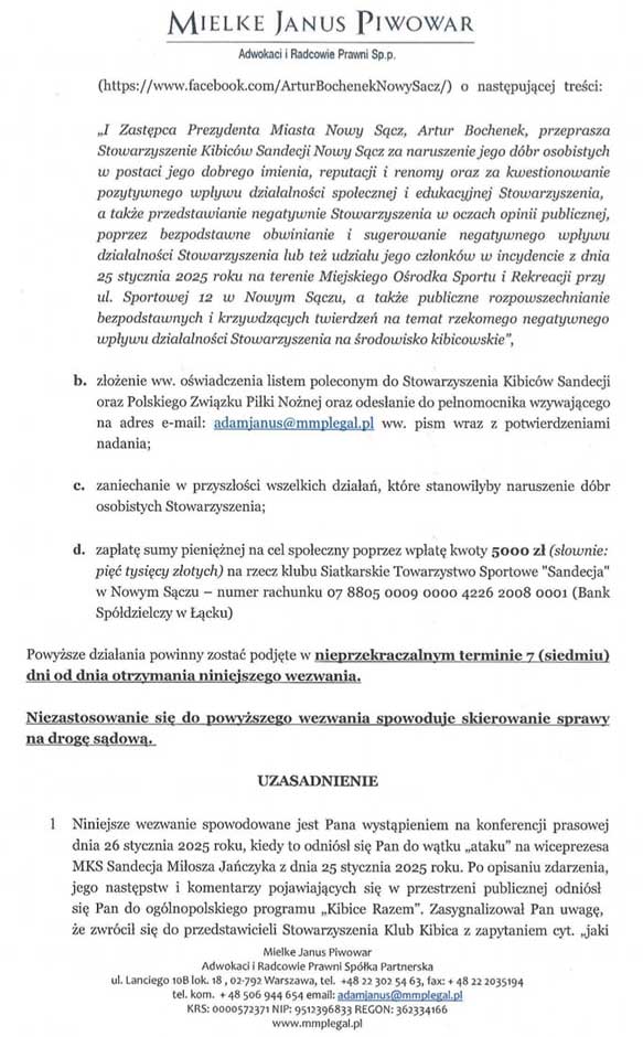 fragment pisma przedsądowego Stowarzyszenia Kibiców Sandecji Nowy Sącz do wiceprezydenta miasta