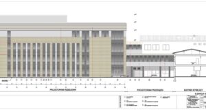 Rozbudowa budynku Wydziału Lekarskiego i Nauk o Zdrowiu ANS w Nowym Sączu – projekt, elewacja wschodnia