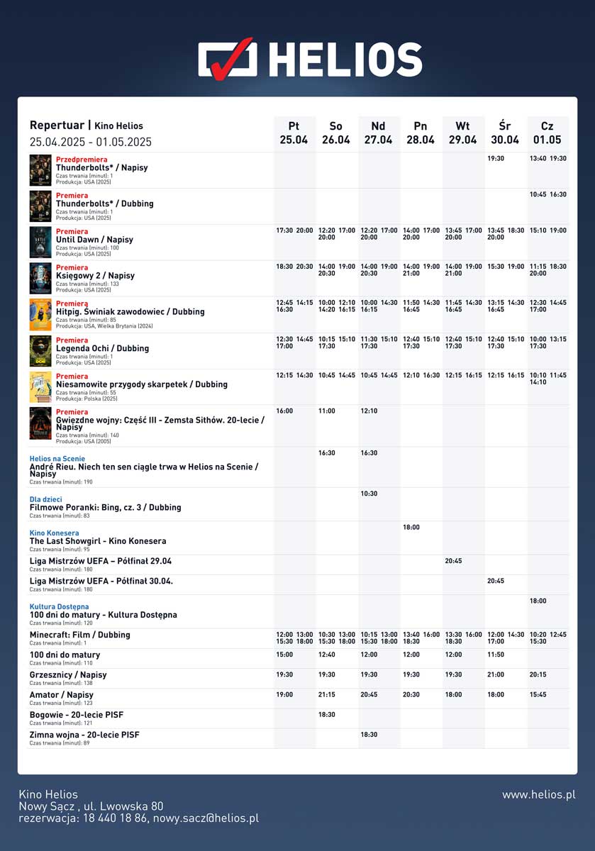 Nowy Sącz kino Helios repertuar 25.04-01.05.2025