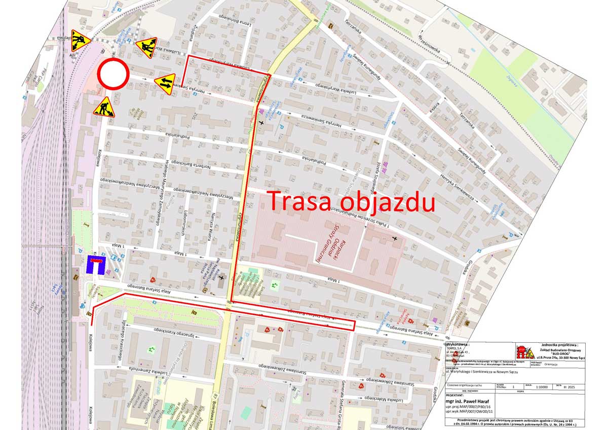 dojazd do Sienkiewicza od strony ul. Kolejowej - objazd Nowy Sącz