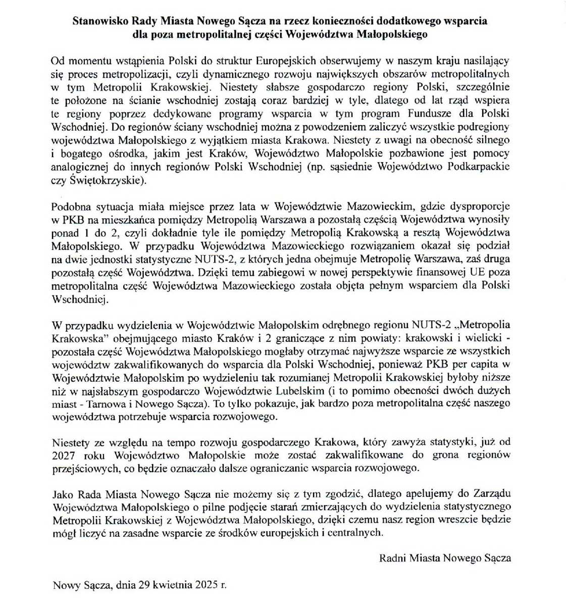 stanowiska na rzecz konieczności dodatkowego wsparcia dla pozametropolitalnej części Województwa Małopolskiego