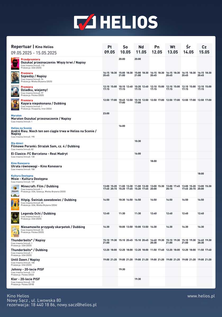 Nowy Sącz repertuar Helios 09.05-15.05.2025