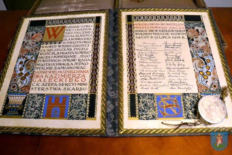 dokument z 1914 roku, nadający tytuł Honorowego Obywatela Miasta Nowego Sącza Kazimierzowi Gałeckiemu
