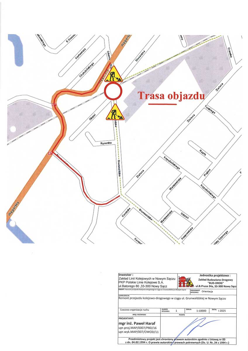 objazd ul. Grunwaldzkiej przez ul. Piramowicza, maj 2025 Nowy Sącz