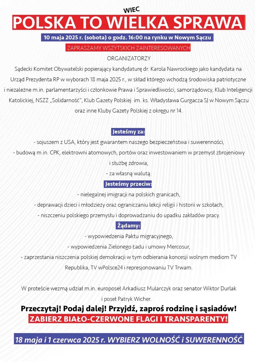 "Polska to Wielka Sprawa" - wiec na nowosądeckim rynku