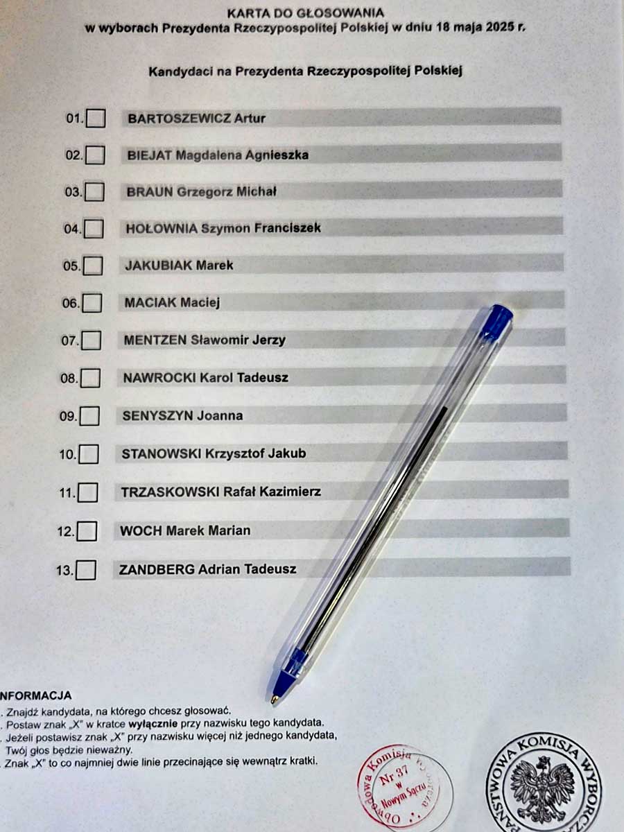 wybory Prezydenta RP, karta do głosowania