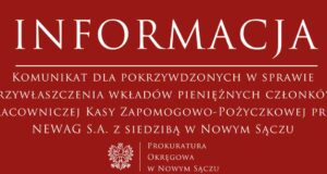 kasa zapomogowa Newagu - śledztwo prokuratury rejonowej w Gorlicach - komunikat