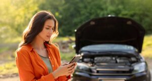 kolizja drogowa co robić - poradnik Polisonet. Kobieta z telefonem komórkowym, w tle auto z podniesioną maską