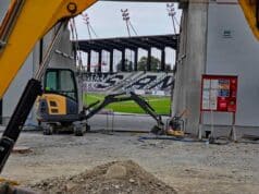 fragment budowy stadionu miejskiego w Nowym Sączu, stan z 19 czerwca 2025
