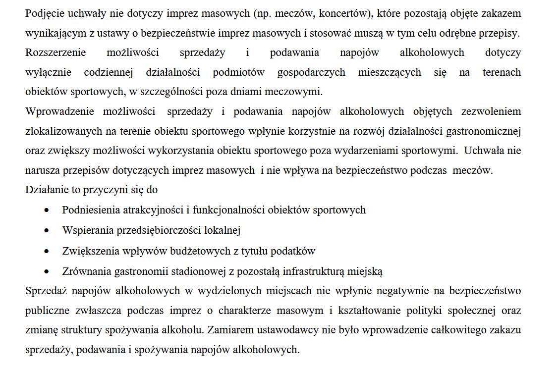 alkohol na miejskim stadionie w Nowym Sączu - uzasadnienie do projektu uchwały