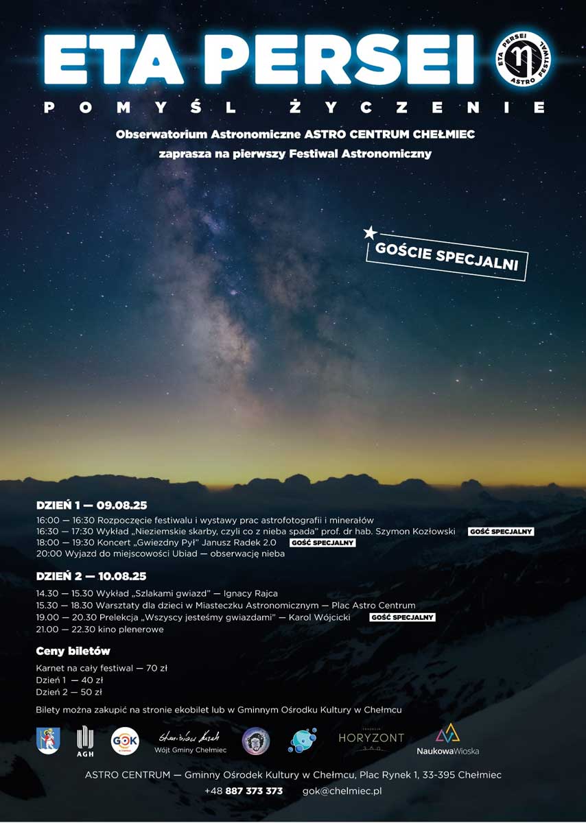 Festiwal Astronomiczny „ETA PERSEI – Pomyśl życzenie”. 9–10 sierpnia 2025 roku na terenie Astro Centrum w Chełmcu