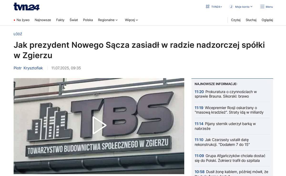 Prezydent Handzel w radzie nadzorczej w Zgierzu - materiał tvn24, zrzut ekranu