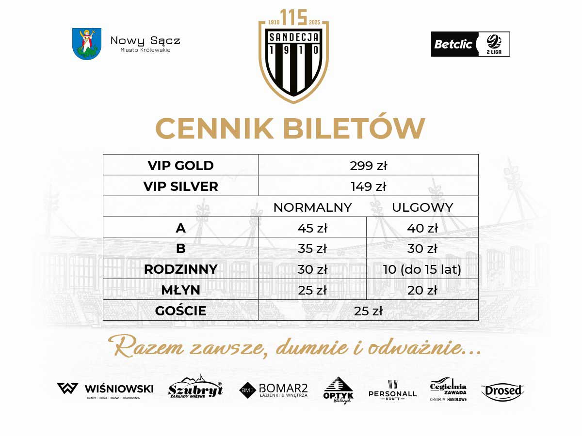 Sandecja bilety na mecz - cennik