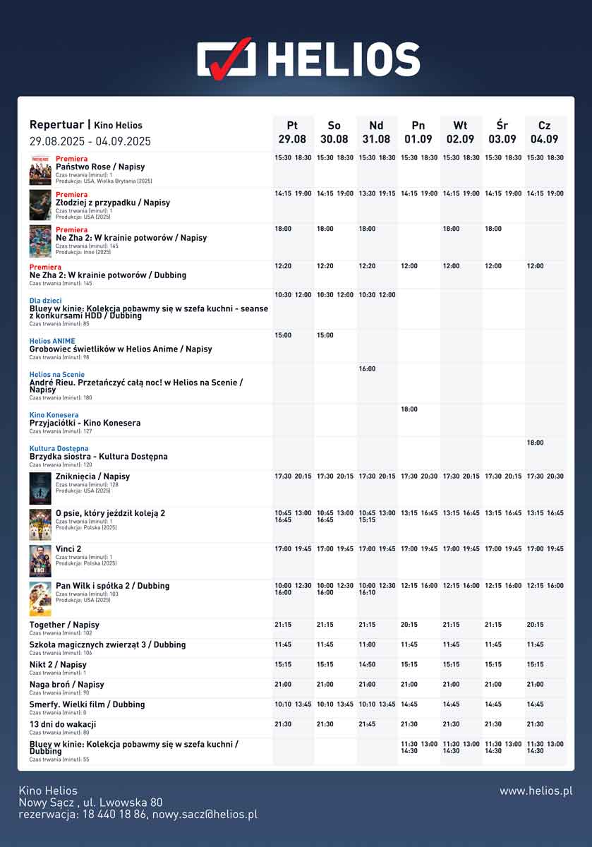Nowy Sącz Helios do 4 września 2025