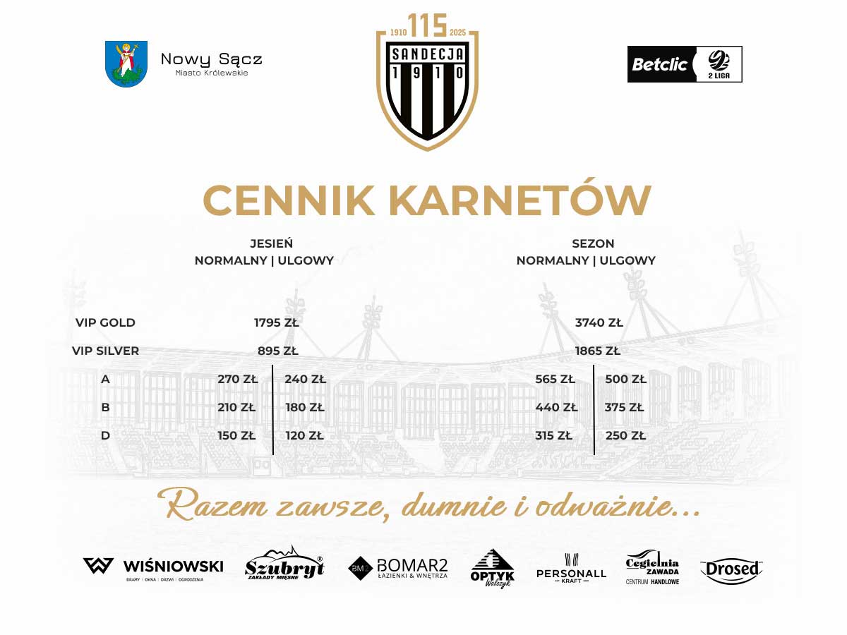 Sandecja Nowy Sącz, cennik karnetów na stadion przy ul. Kilińskiego, sezon 2025/2026