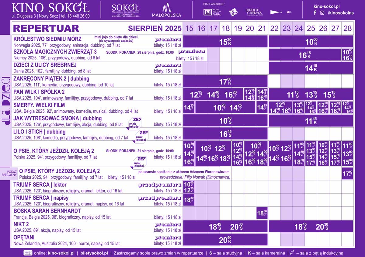 Nowy Sącz Sokół repertuar 15.08-28.082025
