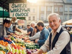 zadowolony emeryt na stoisku z owocami i warzywami