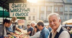 zadowolony emeryt na stoisku z owocami i warzywami