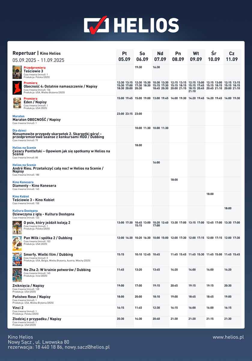 repertuar kina w Nowym Sączu - Helios 5-11 września 2025