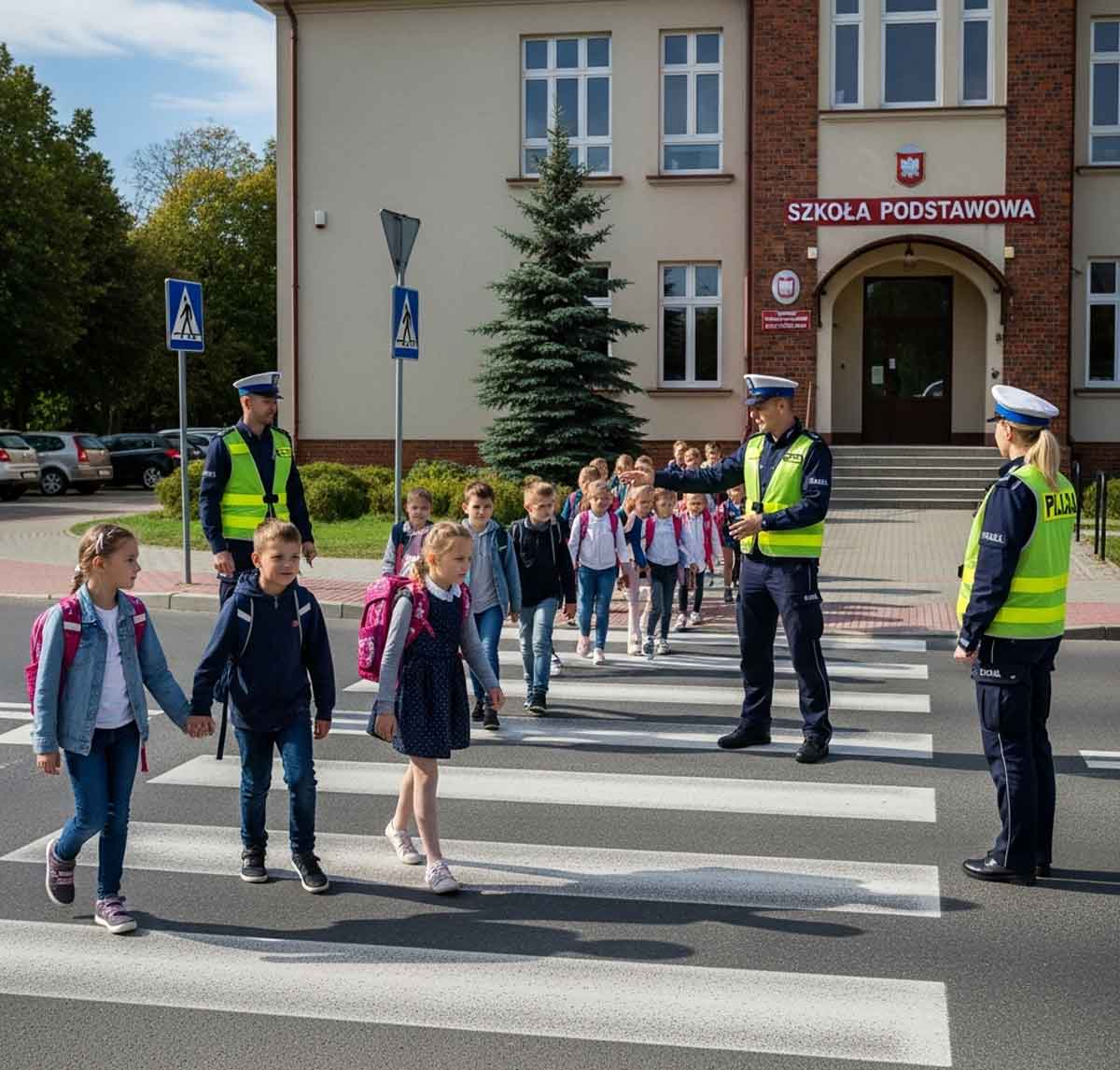 bezpieczeństwo na drodze - pogadanki nowosądeckich policjantów. przejście dla pieszych pod szkołą, na nim dzieci i obok policjanci. Wygenerowane przez AI Google Imagen-4