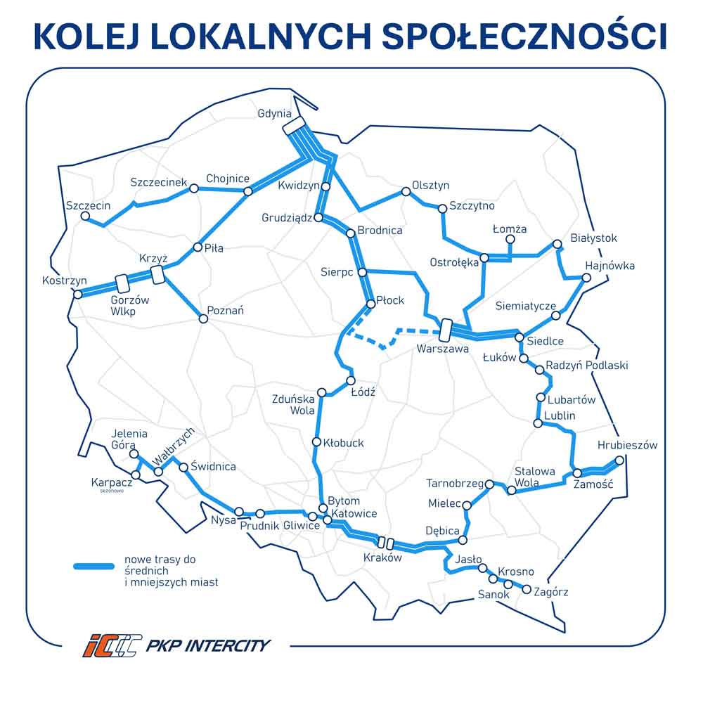 nowe trasy PKP Intercity do średnich i małych miast - plan