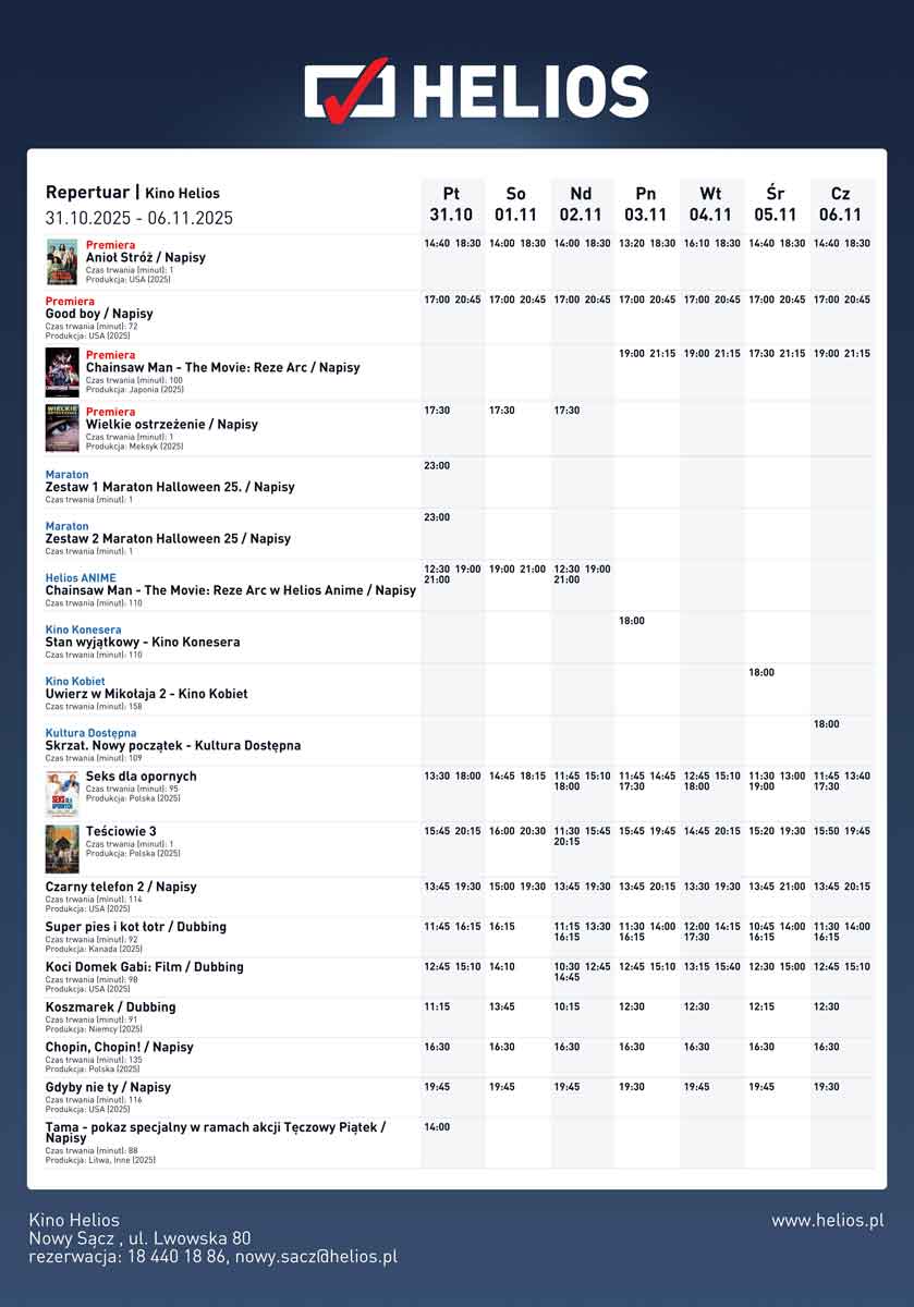 Nowy Sącz, Repertuar kina Helios (31 października - 6 listopada)