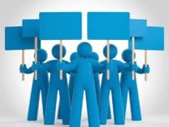 a group of abstract blue humanoid figures holding blank signs, standing together in a unified stance