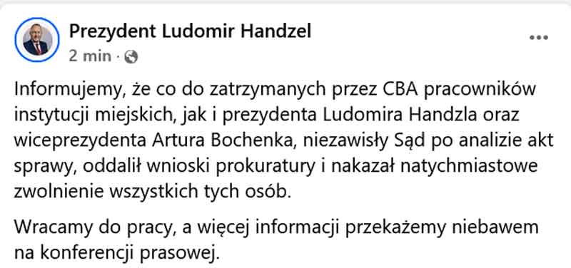 wpis z fanpage Prezydent Ludomir Handzel - 25 października 2025