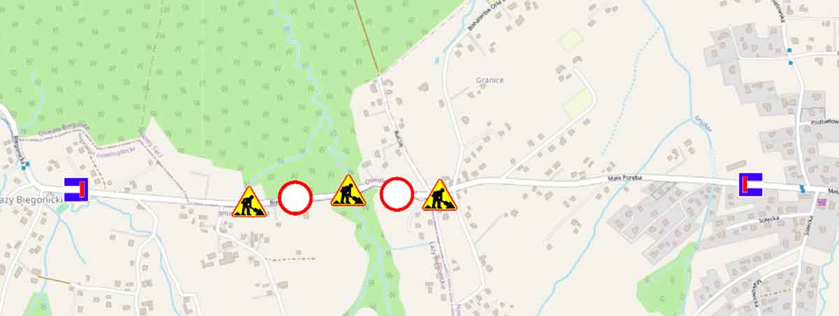 Nowy Sącz, zamknięcie ulicy Biegonickiej - mapka poglądowa