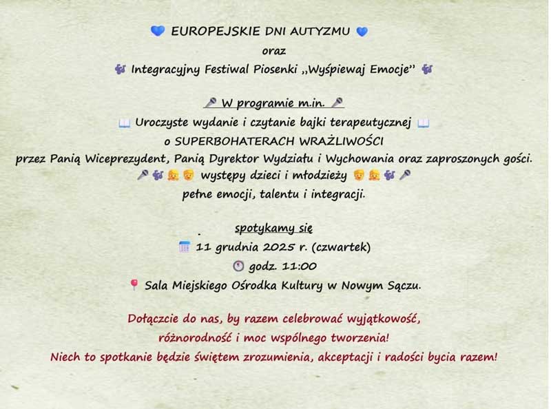 obchody z okazji Europejskich Dni Autyzmu oraz Integracyjnego Festiwalu Piosenki organizowane przez SP nr 6 w Nowym Sączu