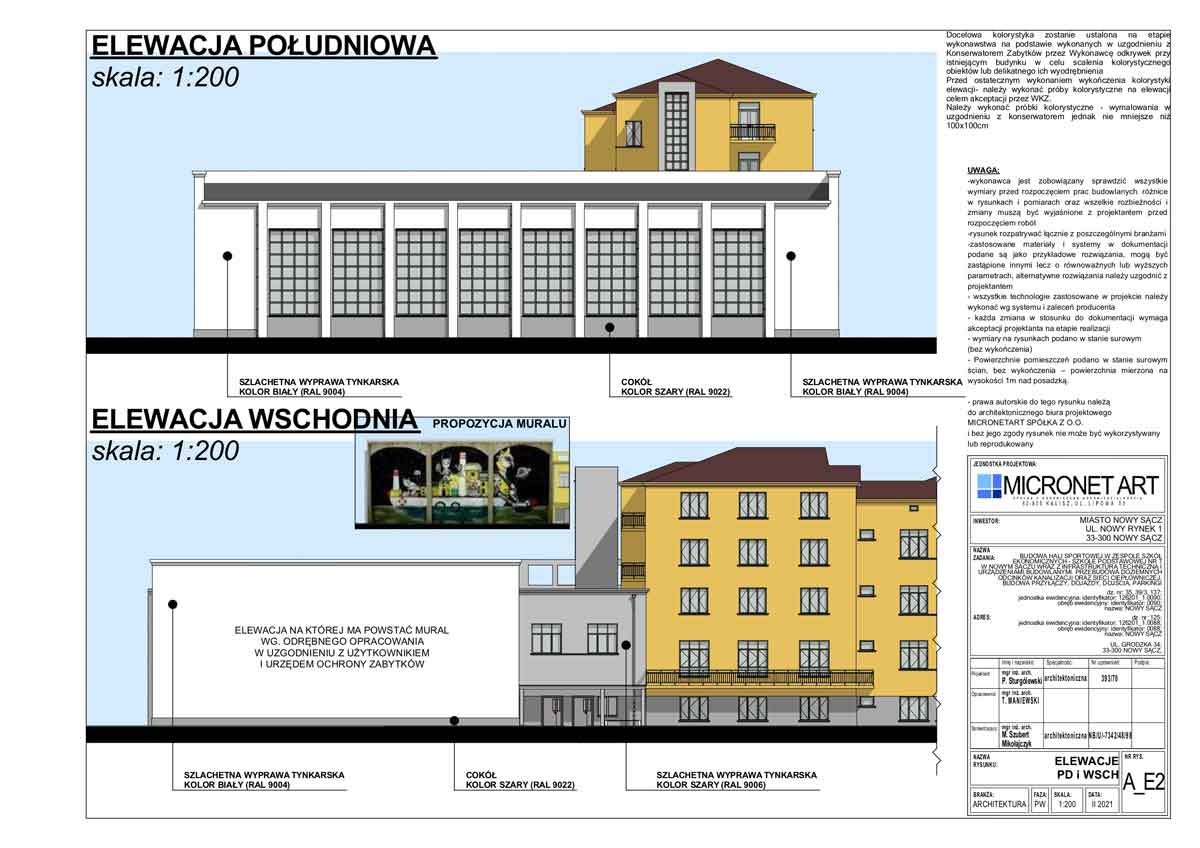 hala sportowa przy ZSE w Nowym Sączu - projekt elewacji