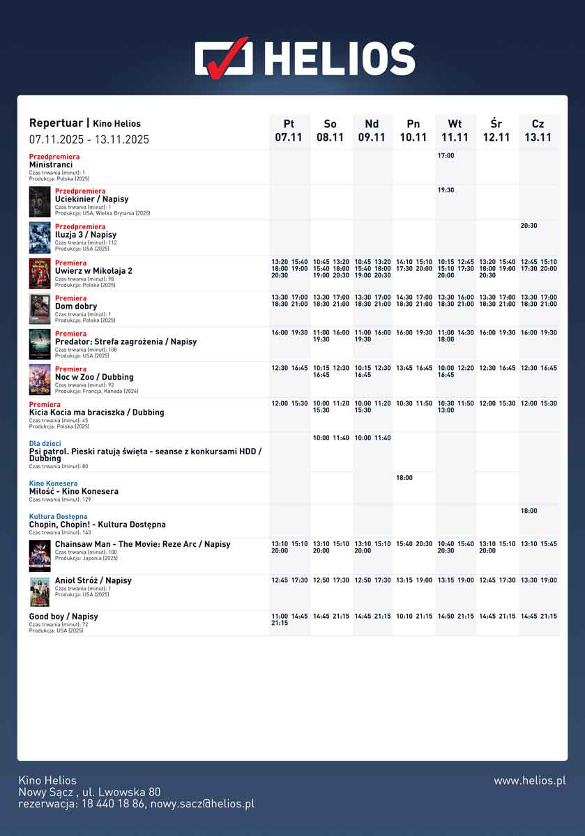 repertuar Heliosa w Nowym Sączu 07-13 listopada 2025