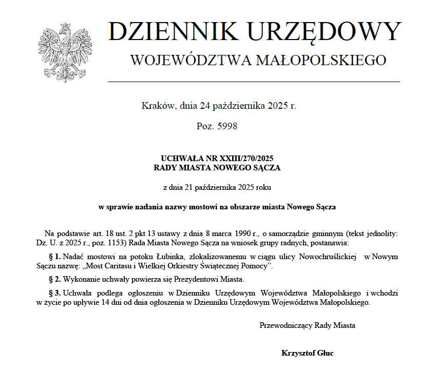 Most Caritasu i Wielkiej Orkiestry Świątecznej Pomocy - uchwała Rady Miasta Nowego Sącza opublikowana w Dzienniku Urzędowym Województwa Małopolskiego