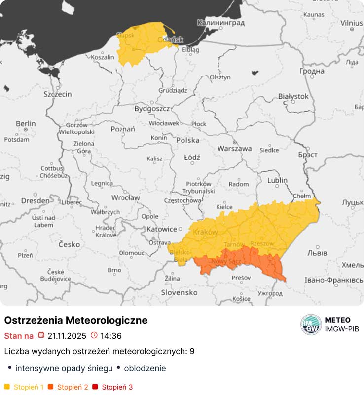 ostrzeżenie o opadach śniegi II stopnia Nowy Sącz 21-22 listopada 2025