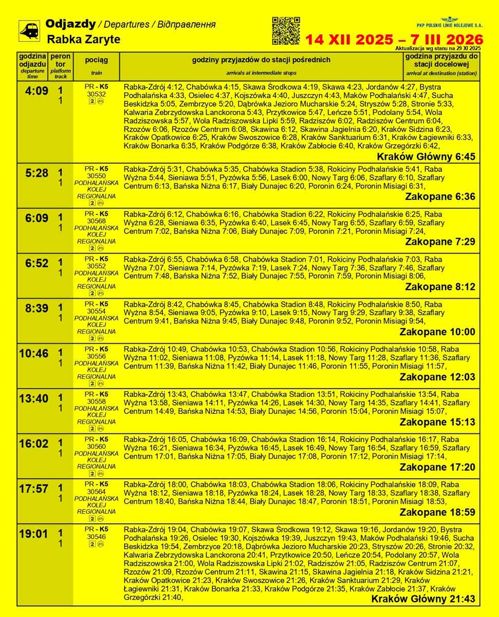 Rabka Zaryte odjazdy pociągów - rozkład jazdy