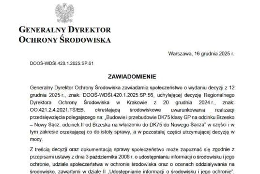 GDOŚ uchylenie w części decyzji środowiskowej dla Sądeczanki