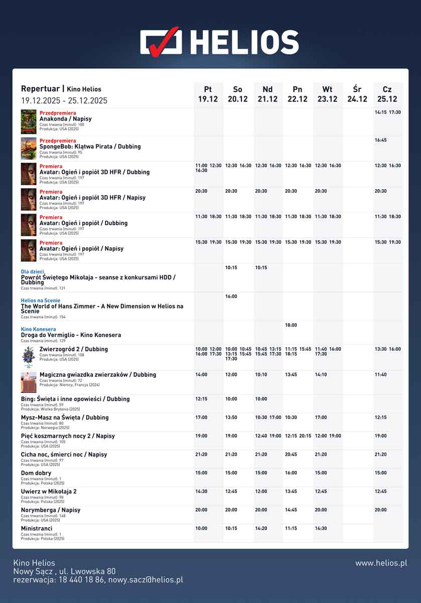 repertuar heliosa nowy sacz 19.12-25.12.2025