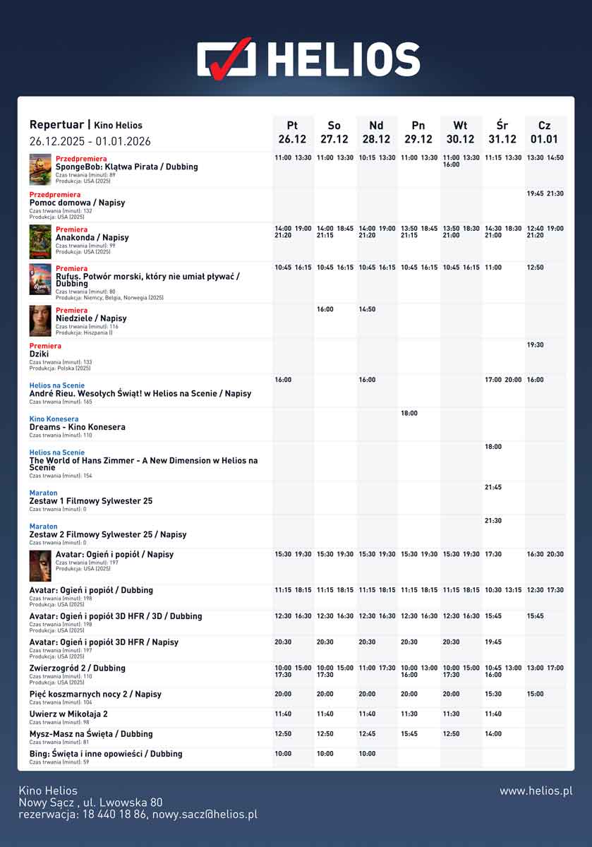 Nowy Sącz Helios do 1 stycznia
