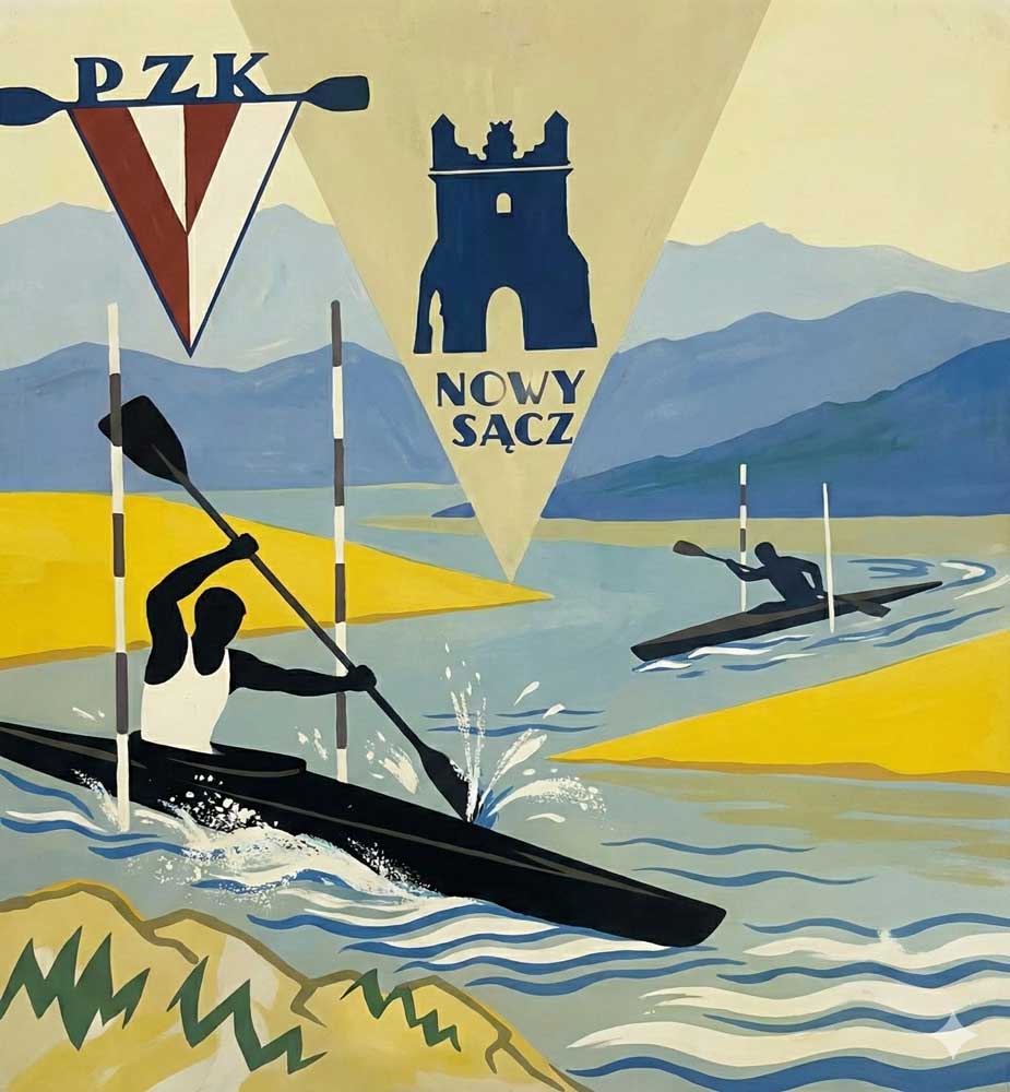 grafika zawodów w slalomie kajakowym (kajakarstwo górskie) w 1972 roku w Nowym Sączu. zawiera logo Polskiego Związku Kajakowego