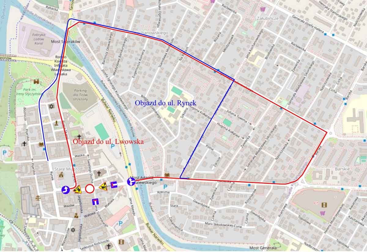 zamknięty wjazd do rynku - ulica Lwowska - objazd mapka