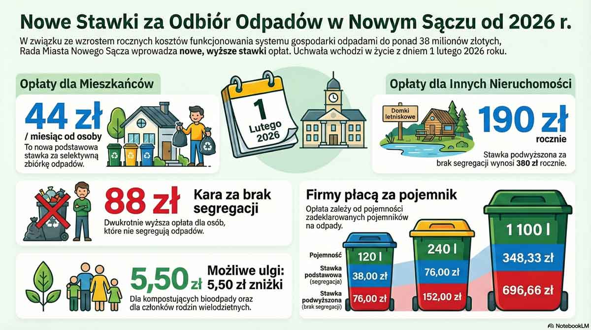 Nowy Sącz odbiór odpadów cena 2026 - infografika