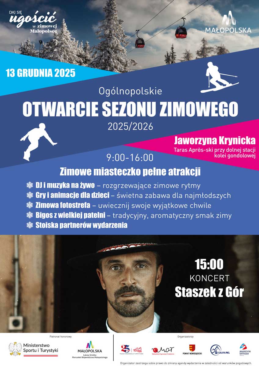 Ogólnopolskie Otwarcie Sezonu Zimowego 2025/2026 13 grudnia na Jaworzynie Krynickiej w Krynicy-Zdroju