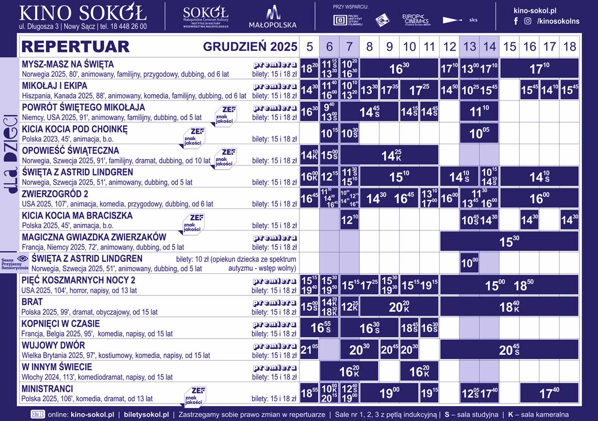 Sokół Nowy Sącz repertuar 5-12.12.2025