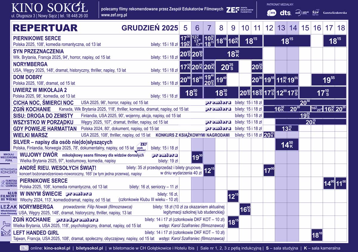 Sokół Nowy Sącz repertuar 5-12.12.2025 druga część