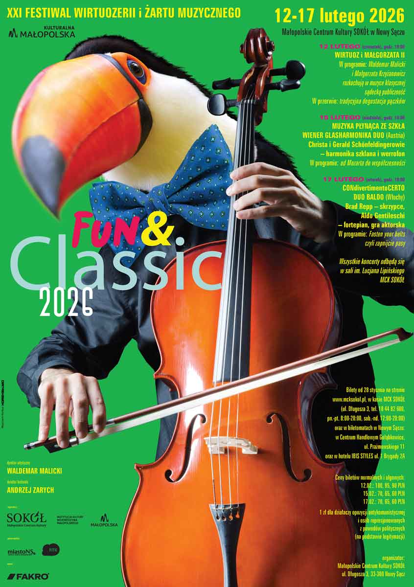 Festiwal Wirtuozerii i Żartu Muzycznego Fun and Classic 2026. Nowy Sącz, MCK Sokół - plakat